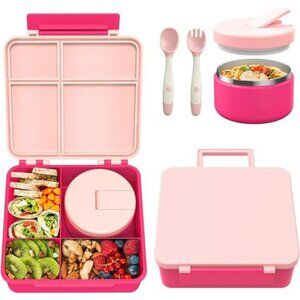 Kids Bento Lunch Box with Soup Thermos Leakproof 4 Compartment Food Container